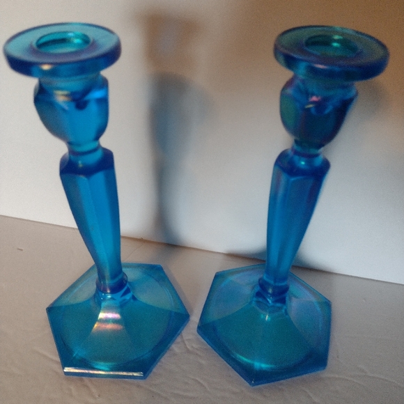 Fenton Northwood Candle Holders Blue Irridescent 8.5" tall - Picture 4 of 4
